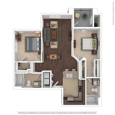 Floor plan for 2 beds, 2 baths, 1033 sqft